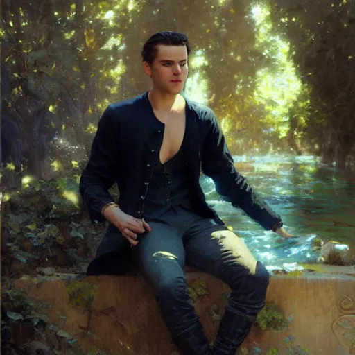 Image similar to detailed cinematic wide shot of beautiful attractive young man black clothes black hair no beard slim face symettrical face clean skin blue eyes black clothes, ultra realistic, spring light, painting by gaston bussiere, craig mullins, j. c. leyendecker