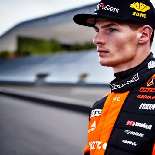 Image similar to close up of max verstappen wearing black mercedes amg overall, great photography, ambient light,