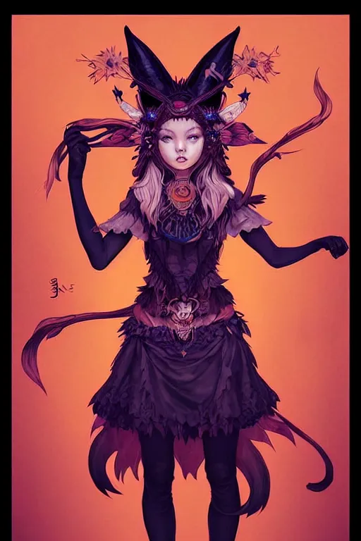 Image similar to digital art, centered full body of an Witch girl with fox headdress ,intricate, by James Jean and by artgerm , by ross tran, ultradetailed, charachter design, concept art, trending on artstation,