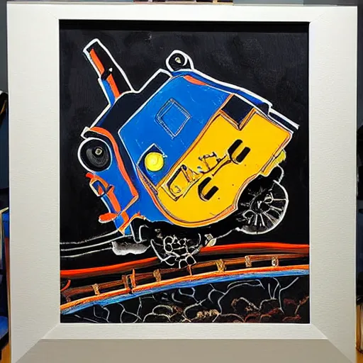 Prompt: a jackson pollock painting of thomas the tank engine.