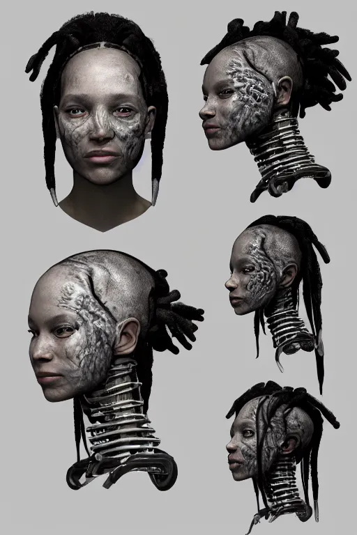 Prompt: african dreadlock hairstyles!! cyborg female with gunmetal grey skin, medical anatomy, paneled face, highly detailed, mecha, mechanical implants, three - perspective / three - view reference sheet ( front / back / side ), in the style of dan ouellette, dren from splice, hr giger, sil from species, artstation, unreal engine