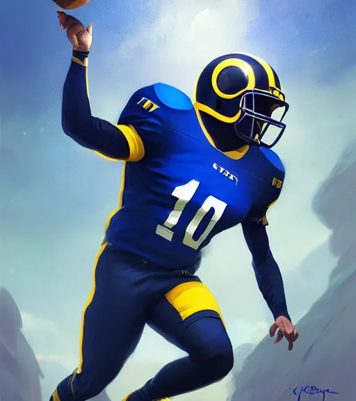 Prompt: highly detailed portrait of cooper kupp, # 1 0 football jersey blue and yellow, unreal engine, fantasy art by greg rutkowski, loish, rhads, ferdinand knab, makoto shinkai and lois van baarle, ilya kuvshinov, rossdraws, tom bagshaw, global illumination, radiant light, detailed and intricate environment