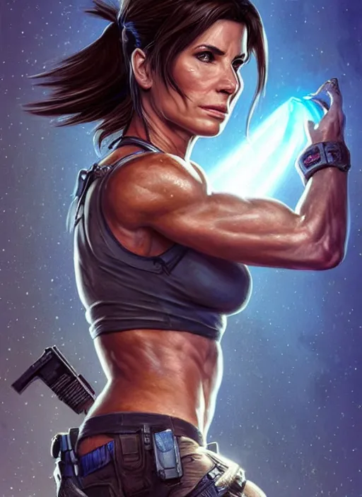 Image similar to muscled Sandra Bullock as Lara Croft as a ruggedly handsome heroine looking directly into the camera, jumping off a glowing artifact lodged in shallow blue glowing water, intricate, elegant, highly detailed, artstation, concept art, smooth, sharp focus, illustration, bokeh art by artgerm and donato giancola and Joseph Christian Leyendecker, WLOP, fireflies, distant snowstorm and thunder