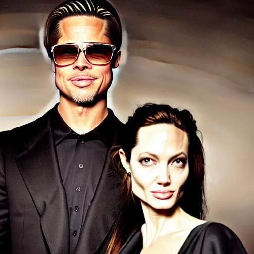 Prompt: Brad Pitt and Angelina Jolie as American Gothic.