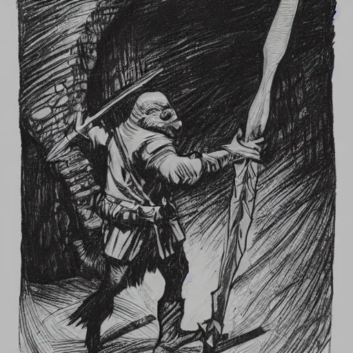 Prompt: A blind fishman holding a spear in a dark cave. D&D. Pencil drawing. Black and white. Mike Mignola.