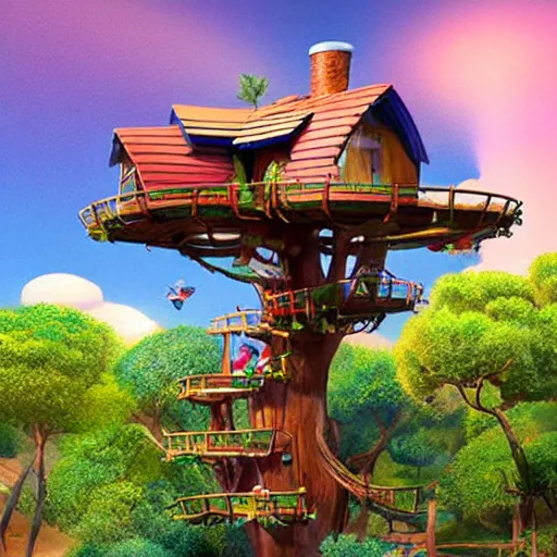 Image similar to Treehouse from the Pixar movie Up, solar, bright sky, vivid colors, beautiful