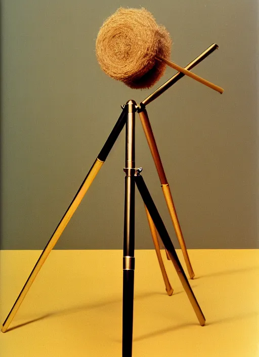 Prompt: realistic photo of a a modern brushwood and straw astronomy archeology scientific equipment gadget object made of brushwood, covered with eyes, a tripod is made of brass, by dieter rams 1 9 9 0, life magazine reportage photo, natural colors, metropolitan museum collection