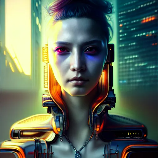 Image similar to portrait painting of a cyberpunk sunmi, ultra realistic, concept art, intricate details, eerie, highly detailed, photorealistic, octane render, 8 k, unreal engine. art by artgerm and greg rutkowski and magali villeneuve and alphonse mucha