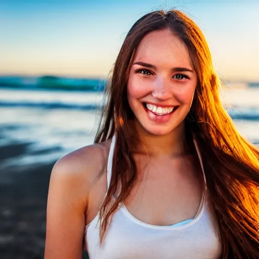 Image similar to A cute and beautiful young woman with long shiny bronze brown hair and green eyes, cute freckles, smug smile, golden hour, beach background, medium shot, mid-shot,