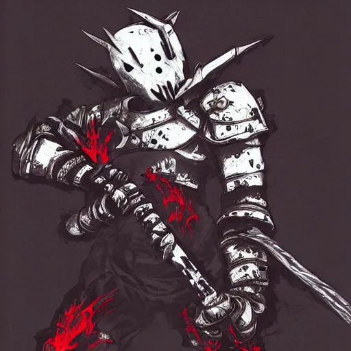 Image similar to skull wearing black knight armor creepy intimidating dragging red hot glowing sword by Yoji Shinkawa