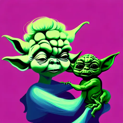 Image similar to curled perspective digital art of curly brown hair baby girl with baby yoda by anton fadeev from nightmare before christmas