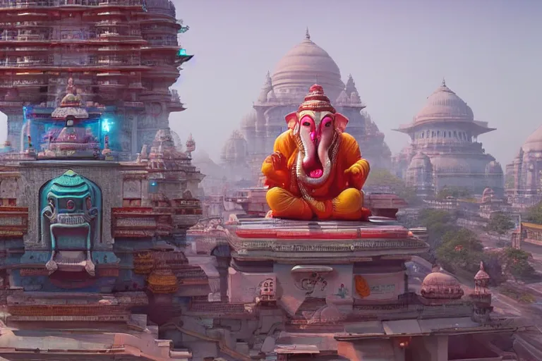 Image similar to beautiful futuristic new delhi, sci - fi ganesha!! building, kalighat flowers, octane highly detailed cinematic, stephen shore & john j. park, soft morning light, wide shot, aerial shot, uhd 8 k, shallow depth of field