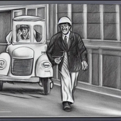 Image similar to a realistic pencil drawing of a milk delivery man of the 1 9 5 0 s, low dutch angle, face in focus, natural lighting, realism