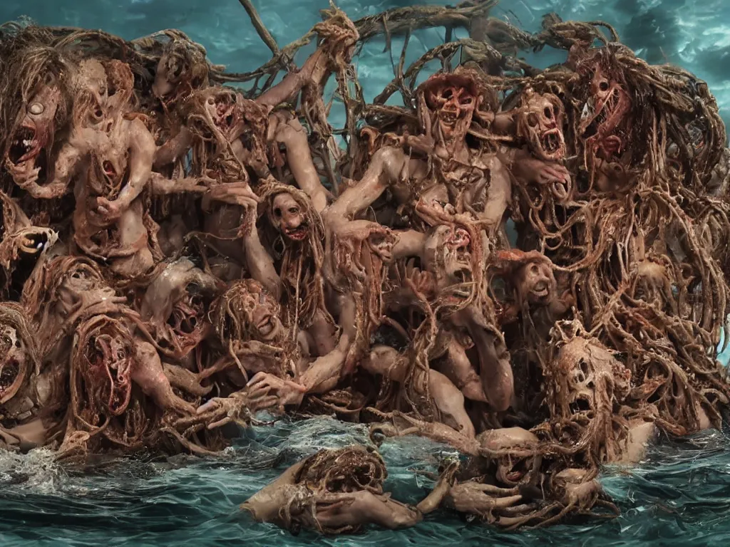 Prompt: diorama of the raft of the medusa as an animatronic schlock body horror comedy film, fun, animatronic figures, Sally Corporation, Garner Holt, Chris Walas, Rick Baker, Rob Bottin, Alec Gillis, Tom Woodruff Jr, Tom Savini, Stan Winston, lurid, vivid colors, neon lights, rubber latex, plastic, realistic materials, fleshy, Cronenberg, daylight, photo real, wet, slimy, wide angle, rule of thirds, 28mm, 1984, Eastman EXR 50D 5245/7245