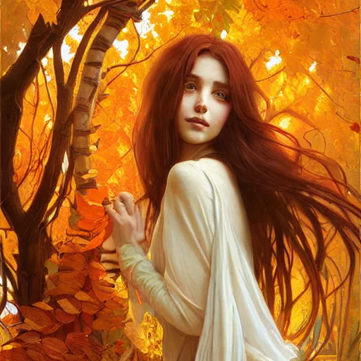 Prompt: girl with super long hair, hair becoming autumn red leaves, digital painting, art by artgerm and greg rutkowski and alphonse mucha