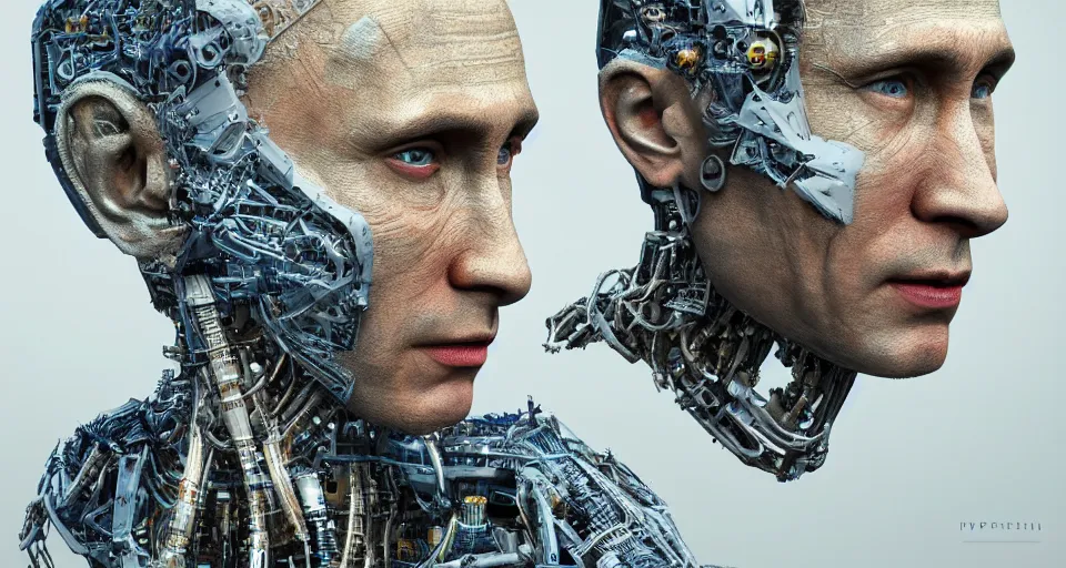 Prompt: hyperrealistic mixed media portrait of a Robot of Vladimir Putin forward angle, stunning 3d render inspired art by P. Craig Russell and Barry Windsor-Smith + perfect facial symmetry + dim volumetric lighting, 8k octane beautifully detailed render, post-processing, extremely hyperdetailed, intricate complexity, epic composition, grim yet sparkling atmosphere, cinematic lighting + masterpiece, trending on artstation