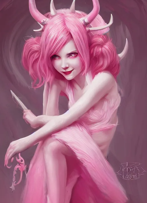 Prompt: a highly detailed illustration of cute pink haired pale demon girl with horns wearing big pink dress, dramatic smile pose, intricate, elegant, highly detailed, centered, digital painting, artstation, concept art, smooth, sharp focus, league of legends concept art, wlop.