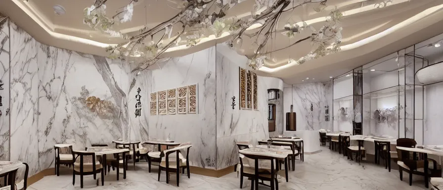 Image similar to a beautiful hyperdetailed interior render of roasted string hotpot restaurant restaurant yan'an, wall corner, from china, marble walls and white floors, with merchant logo, fine delicate structure, chinese style, simple composition, simple style structure decoration design, victo ngai, 4 k hd