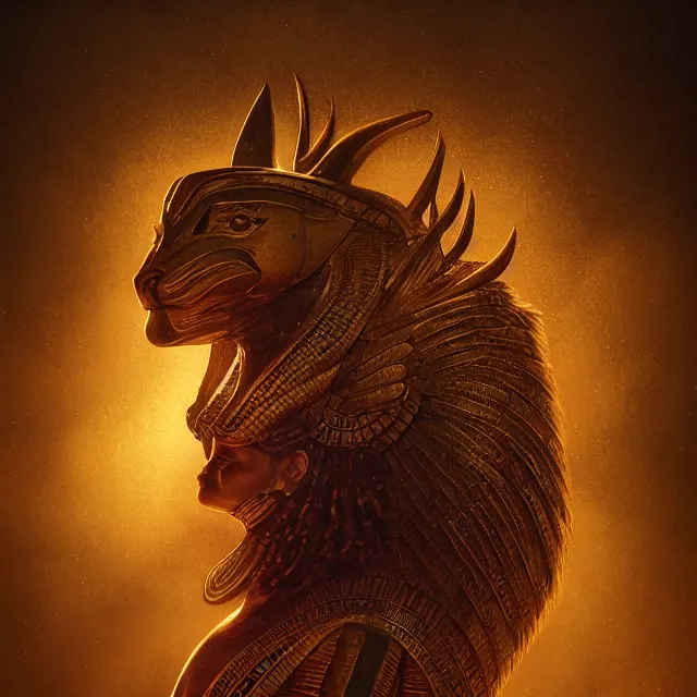 Image similar to majestic gracious egyptian god ra portrait, atmospheric lighting, painted, menacing, intricate, volumetric lighting, beautiful, rich deep colours masterpiece, golden hour, sharp focus, ultra detailed, by leesha hannigan, ross tran, thierry doizon, kai carpenter, ignacio fernandez rios