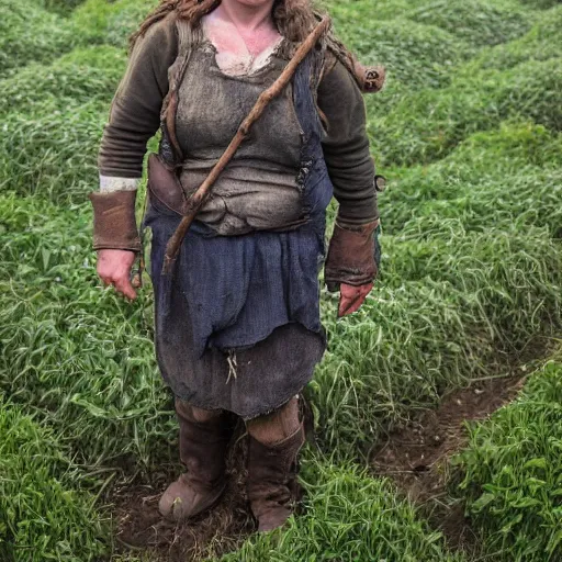 Image similar to portrait, a hardworking dwarven female farmer, ragged clothes, standing in a field, dirty