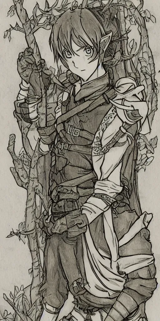 Image similar to an wood elf boy getting ready for an high fantasy adventure on the mountain side, anime style, tarot card, Tarot card the fool, fine line work