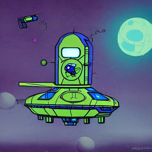 Prompt: intergalactic spaceship, cartoon, unreal engine, artstation, concept art, invader zim, in the style of Bill Waterson,