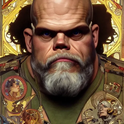 Image similar to full portrait of paul teutul as colonel wednesday bologna, fantasy, d & d, intricate, detailed, by by alphonse mucha, adolfo hohenstein, alice russell glenny, stanley artgerm lau, greg rutkowski, detailed, trending on artstation, trending on artstation, smooth