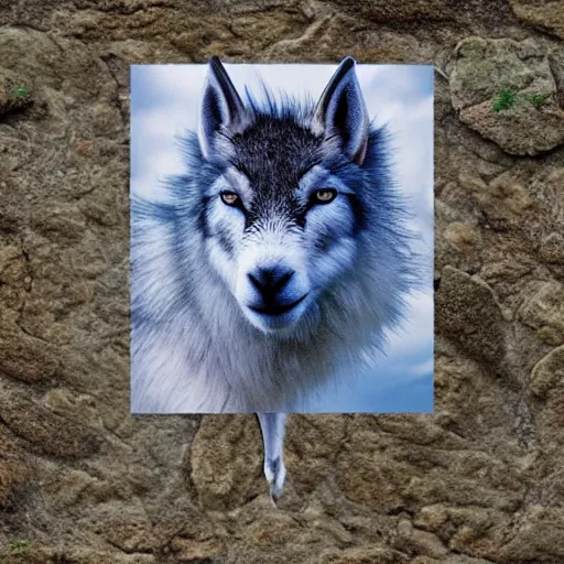 Image similar to hyperrealistic photo of a goat wolf hybrid beast in the square of a small medieval village