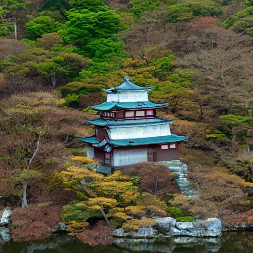 Prompt: japanese fortress in a city inside the forest