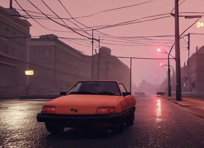 Image similar to hyperrealistic matte painting of gta game in moscow, 1 9 9 0, playstation 5 screenshot, mega details, dark night, orange lights, heavy rain, fog, beautiful rtx reflections, soviet suburbs, photorealistic, unreal engine 5, octane render, volumetric light, cg society, 4 k, 5 0 mm bokeh, russian lada car, artstation