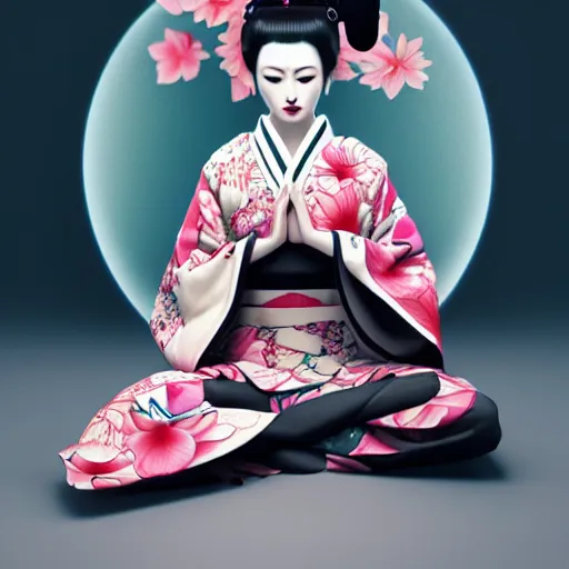 Image similar to an android geisha in a lotus position wearing a flowing kimono and tattoos, octane render, unreal engine, 8 k, cinematic, artwork by ilya kuvshinov