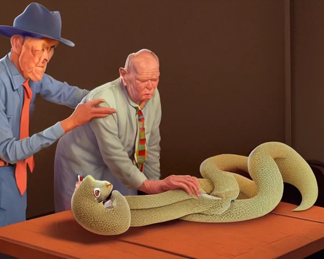 Image similar to the famous snake oil salesman Uncle Aloysius curing a patient of 🐻, painting by Grant Wood, 3D rendering by Beeple, sketch by R. Crumb