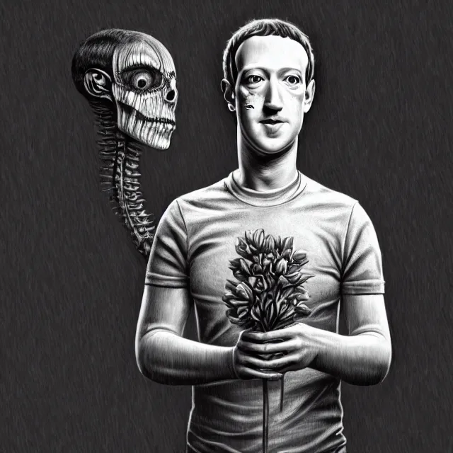 Image similar to mark zuckerberg holding a flower by hr giger, trending on artstation, horror, illustration