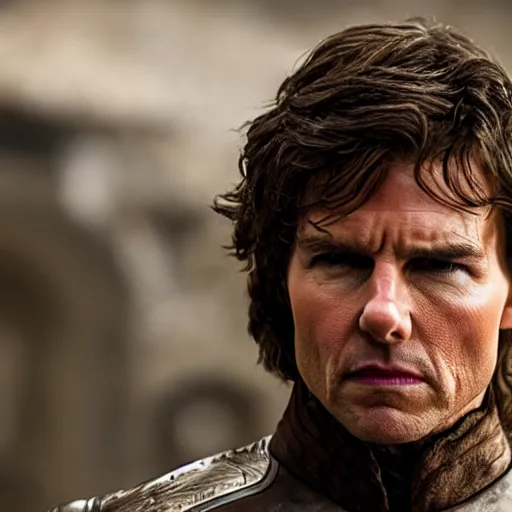 Image similar to Film still of Tom Cruise as Tyrion Lannister. Extremely detailed. Screenshot. 4K. Cinematic lighting.