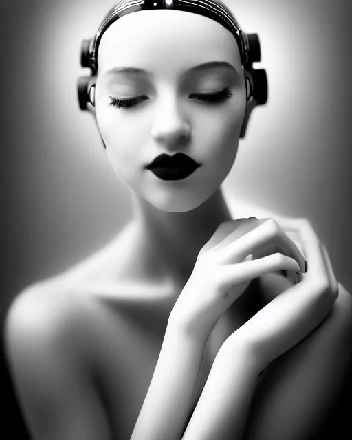 Image similar to black and white dreamy young beautiful female artificial intelligence, cinematic, rim light, bokeh, photo - realistic, elegant, high detail, 8 k, masterpiece, photo taken in 1 9 3 0, inspired by cecil beaton