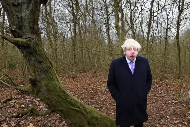 Image similar to derpy boris johnson staring at you from behind a tree in the forest, trailcam footage