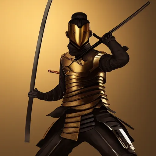 Prompt: samourai with katana wearing golden and black armor, artstation, photo studio, realistic, 8k