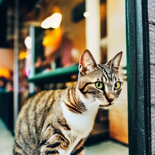 Prompt: Cat entering McDonald's and ordering a Hamburger, 40nm lens, shallow depth of field,