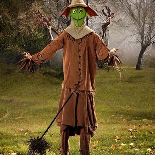 Image similar to elvish scarecrow scaring off goblins