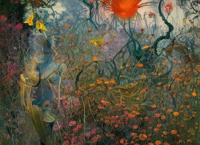 Prompt: a chaotic whirlwind of wildflowers and leaves, intricate details, aesthetically pleasing, dreamscape in a jar, gorgeous lighting, highly detailed, by zdzisław beksinski and francis bacon, art by dave mckean and rowena morrill and jeanbaptiste monge, computer aesthetic, vaporwave