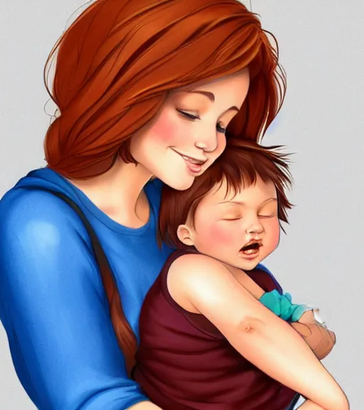 Image similar to a mother with short shoulder length auburn hair, short and curvy and a slightly chubby face holding her infant son with short brown hair full color digital illustration in the style of don bluth, artgerm, artstation trending, 4 k