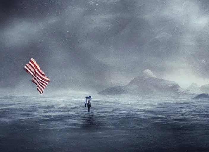 Image similar to astronaut underwater putting a flag in the sand of the bottom of the ocean. a submarine is visible in the distance. dark, concept art, cinematic, dramatic, atmospheric, 8 k, trending on artstation, low visibility, fog, ocean floor, christopher nolan, interstellar