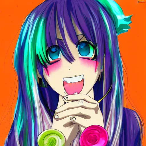 Prompt: digital 2 d, illustration, anime & manga, stylized, anime, colorful, smile, kawaii, decora, harajuku, grills, teeth, jewelry, bandaid, bandage, green hair, freckles, nails, nail art, fashion, stylish, rainbow