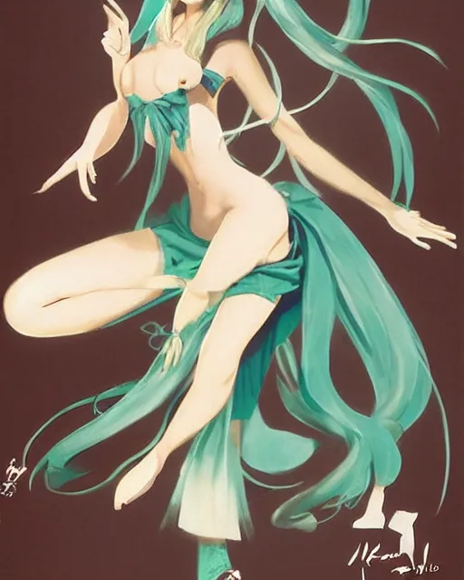 Image similar to hatsune Miku dancing by Gil Elvgren and Enoch Bolle