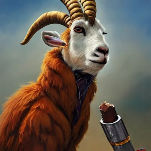 Prompt: commissioned artwork of a furry anthro goat smoking a cigar, three piece suit, painted todd lockwood, jeff easley, greg rutkowski, james gurney, artgerm, digital art, trending on artstation, award - winning, vivid, detailed