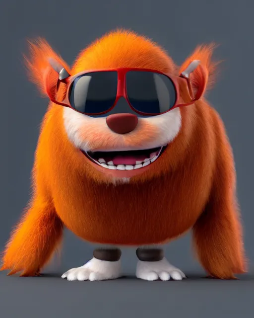 Prompt: 3 d render of completely red hairy cute antropomorphic cartoony creature wearing chrome shades, without nose, full body, in the style of pixar, white background, unreal engine 5, octane render, highly detailed hdr