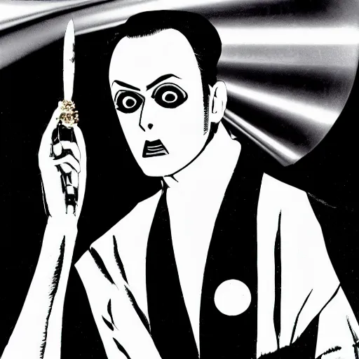 Prompt: a high quality product photo ad of klaus nomi with a technical reed rollerball pen exacto knife by junji ito, ethereal eel in the style of bauhaus