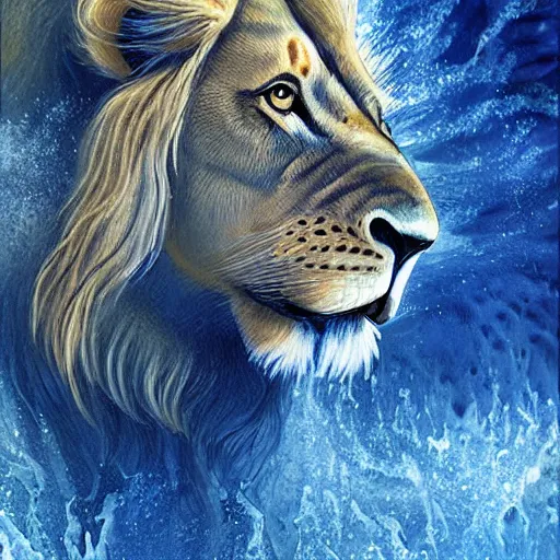 Image similar to a male lion's face breaching through a wall of water, water sprites, splashing, deep blue water color, highly detailed, realistic digital art