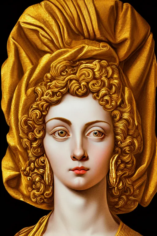 Image similar to Ruth, face closeup, ultra detailed, gold, dressed in roman clothes, ultra detailed, art by Guido Reni style