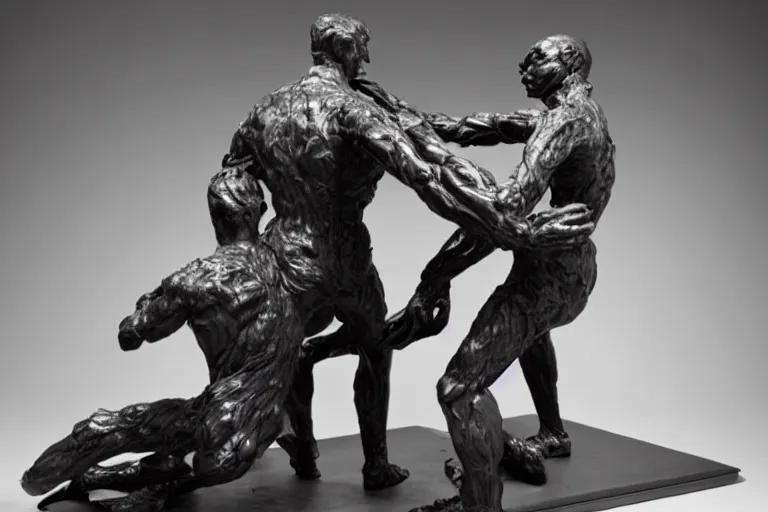 Image similar to full body, alan turing wrestling with agent smith, sculpture by auguste rodin